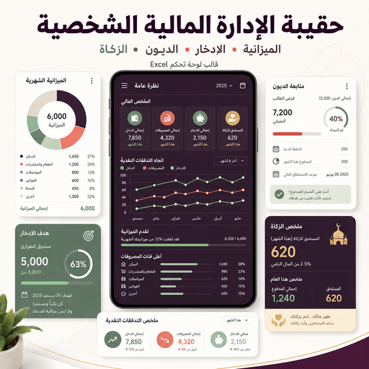 حقيبة الإدارة المالية الشخصية — الميزانية والادخار والديون والزكاة (Excel)