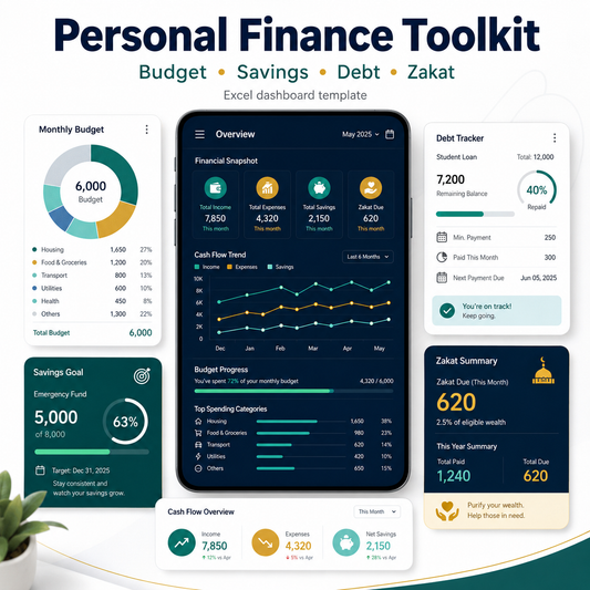 Personal Finance Toolkit (English) — Budget, Savings, Debt & Zakat (Excel)