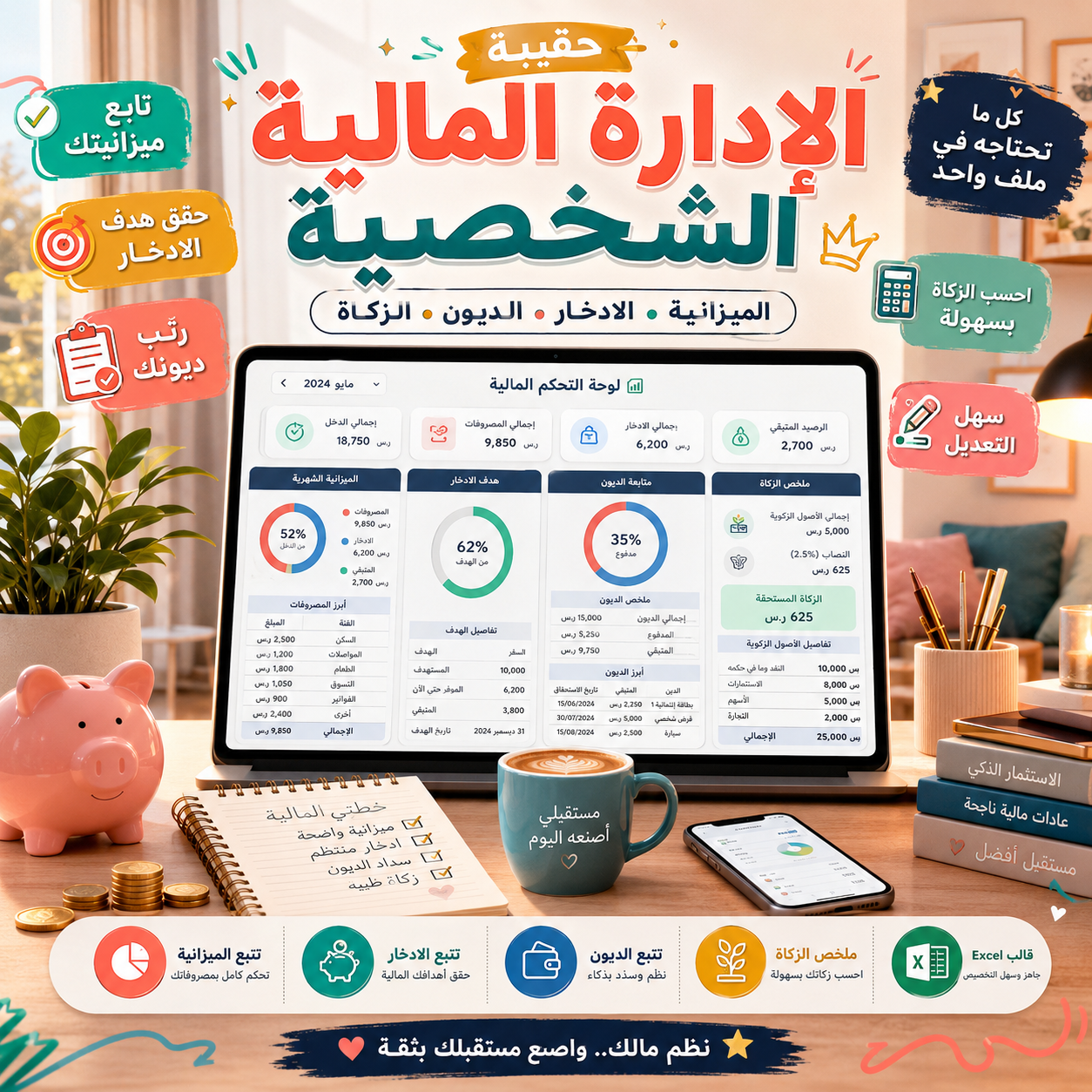 حقيبة الإدارة المالية الشخصية — الميزانية والادخار والديون والزكاة (Excel)