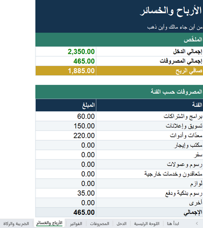 متتبّع مالية المستقلّين والأعمال الصغيرة — الدخل والمصروفات والفواتير (Excel)