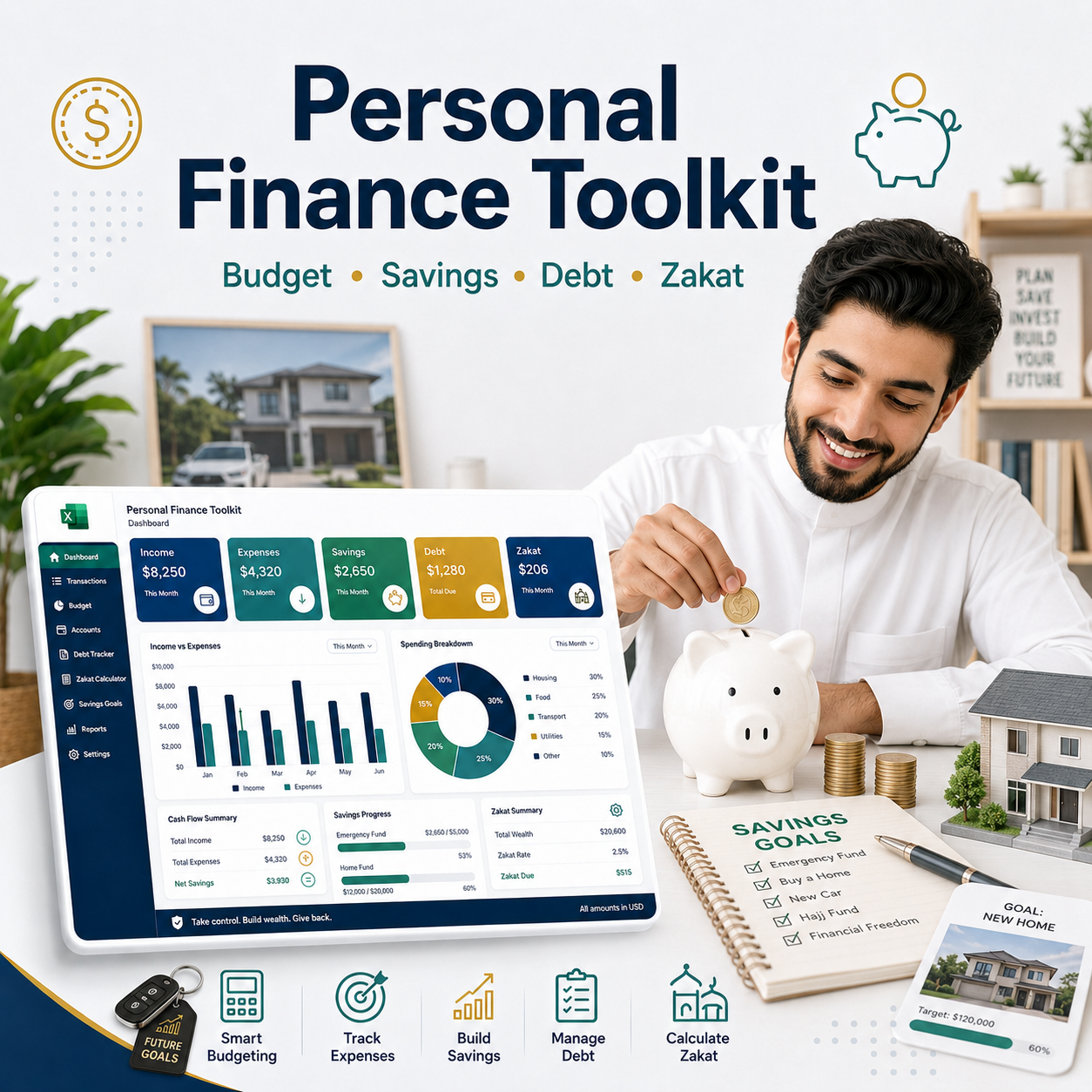 Personal Finance Toolkit (English) — Budget, Savings, Debt & Zakat (Excel)