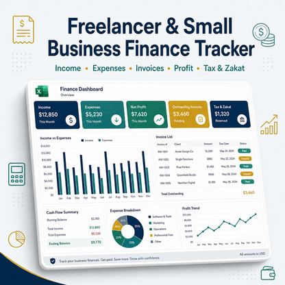 Freelancer & Small Business Finance Tracker (English) — Income, Expenses & Invoices (Excel)