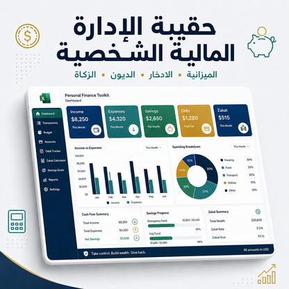 حقيبة الإدارة المالية الشخصية — الميزانية والادخار والديون والزكاة (Excel)