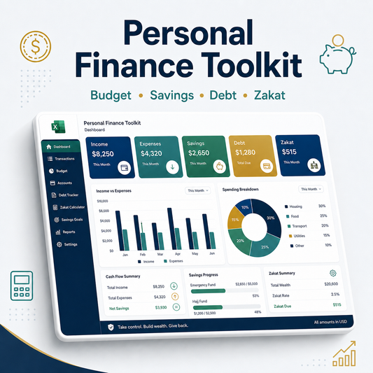 Personal Finance Toolkit (English) — Budget, Savings, Debt & Zakat (Excel)