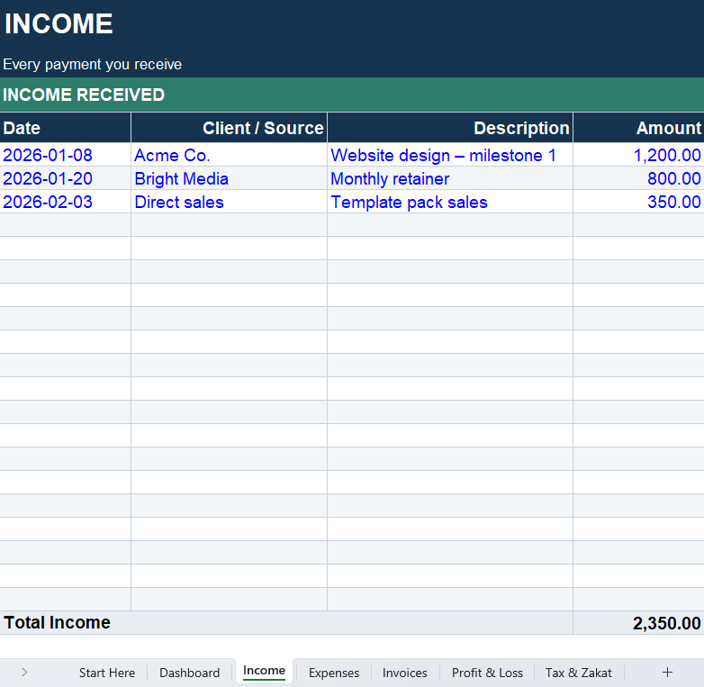 Freelancer & Small Business Finance Tracker (English) — Income, Expenses & Invoices (Excel)