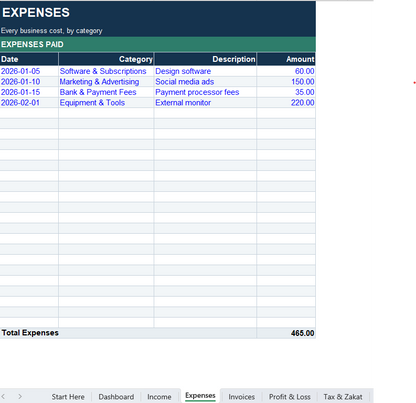 Freelancer & Small Business Finance Tracker (English) — Income, Expenses & Invoices (Excel)