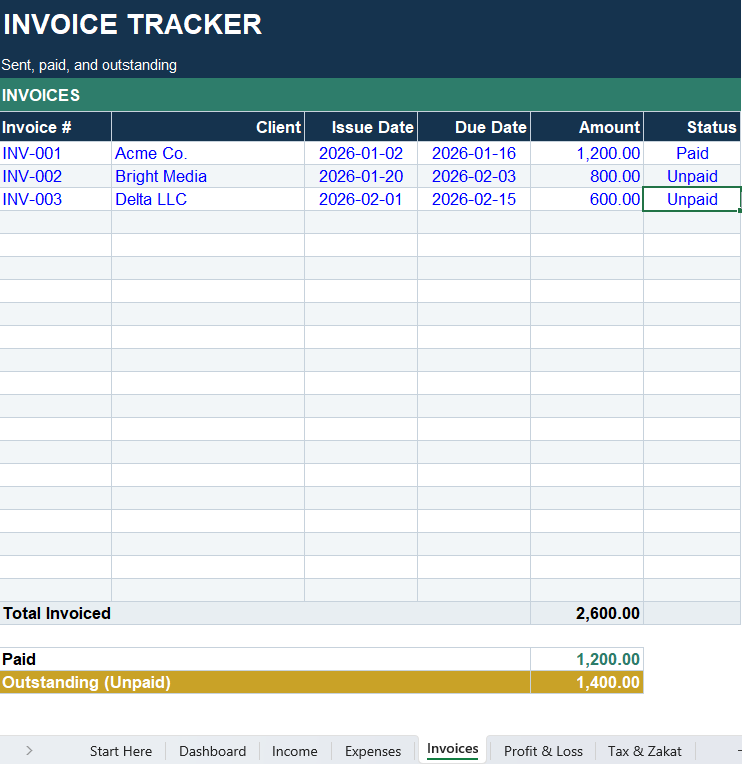 Freelancer & Small Business Finance Tracker (English) — Income, Expenses & Invoices (Excel)
