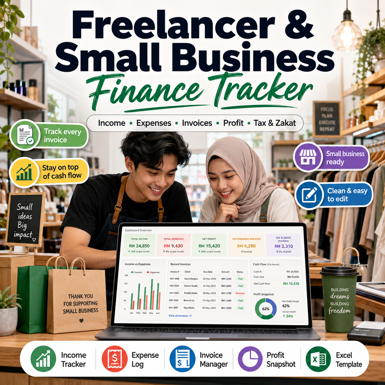 Freelancer & Small Business Finance Tracker (English) — Income, Expenses & Invoices (Excel)