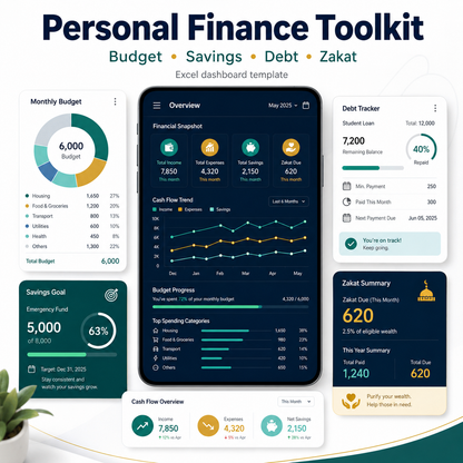Personal Finance Toolkit (English) — Budget, Savings, Debt & Zakat (Excel)